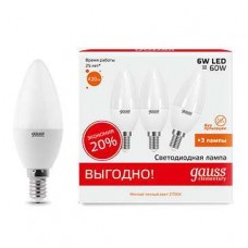 Лампа светодиодная LED Elementary Candle 6Вт E14 2700К ПРОМО (уп.3шт) Gauss 33116T