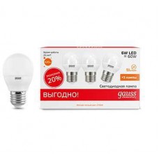 Лампа светодиодная LED Elementary Globe 6Вт E27 2700К ПРОМО (уп.3шт) Gauss 53216T