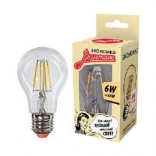 Лампа светодиодная LED Филамент 6Вт A60 160-260В E27 600лм 2700К ЭКОНОМКА EcoLedFL6wA60E2727